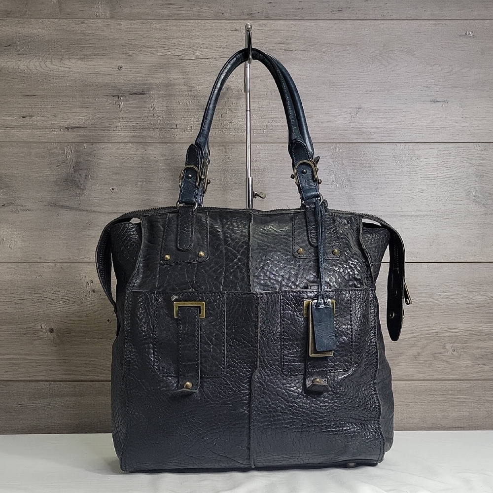 Gryson Black/Blue Pebble Leather Tote Bag